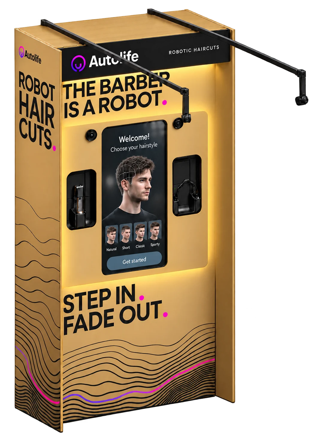 The Autolife booth: a wood-panelled booth with a central screen, the clipper docks either side, overhead camera arms, and the lines 'The barber is a robot' and 'Step in. Fade out.'