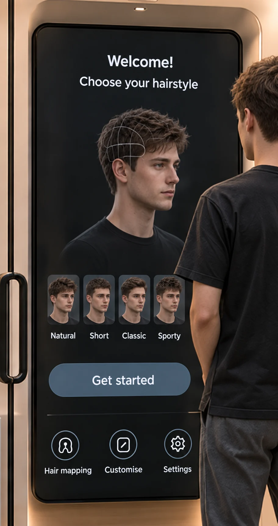 The booth screen: welcome, choose your hairstyle - the customer's head on screen with four styles to pick from, and the customer standing in front of it